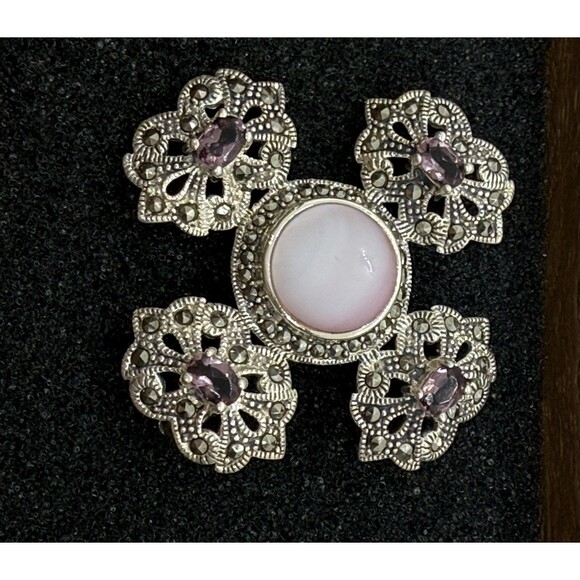 Sterling Silver Sparkling Amethyst & Marcasite Brooch Pin Cross Or Four-Lobed - Picture 7 of 11